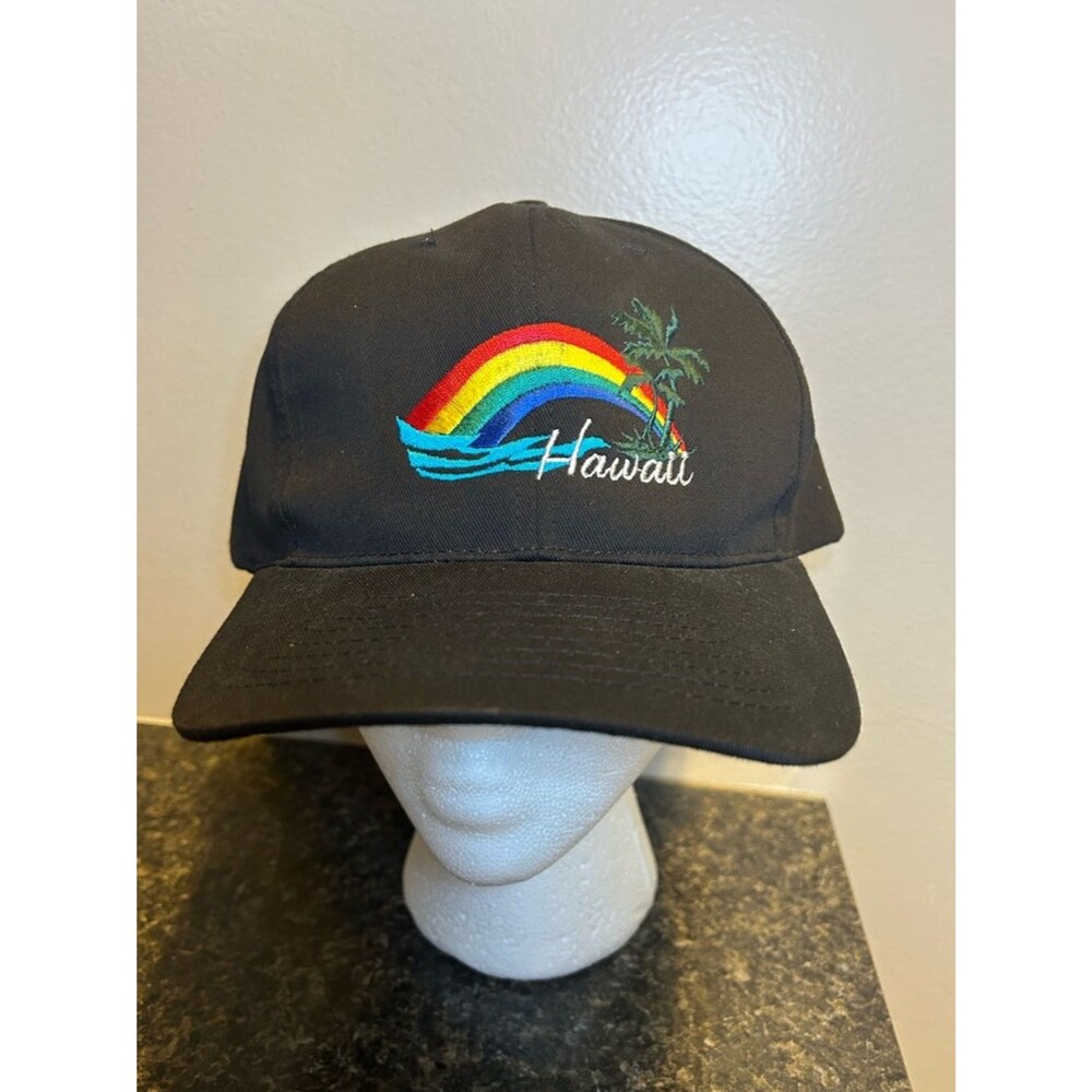 Vintage 90s 1990s Black Hawaii Rainbow Embroidered Baseball Cap